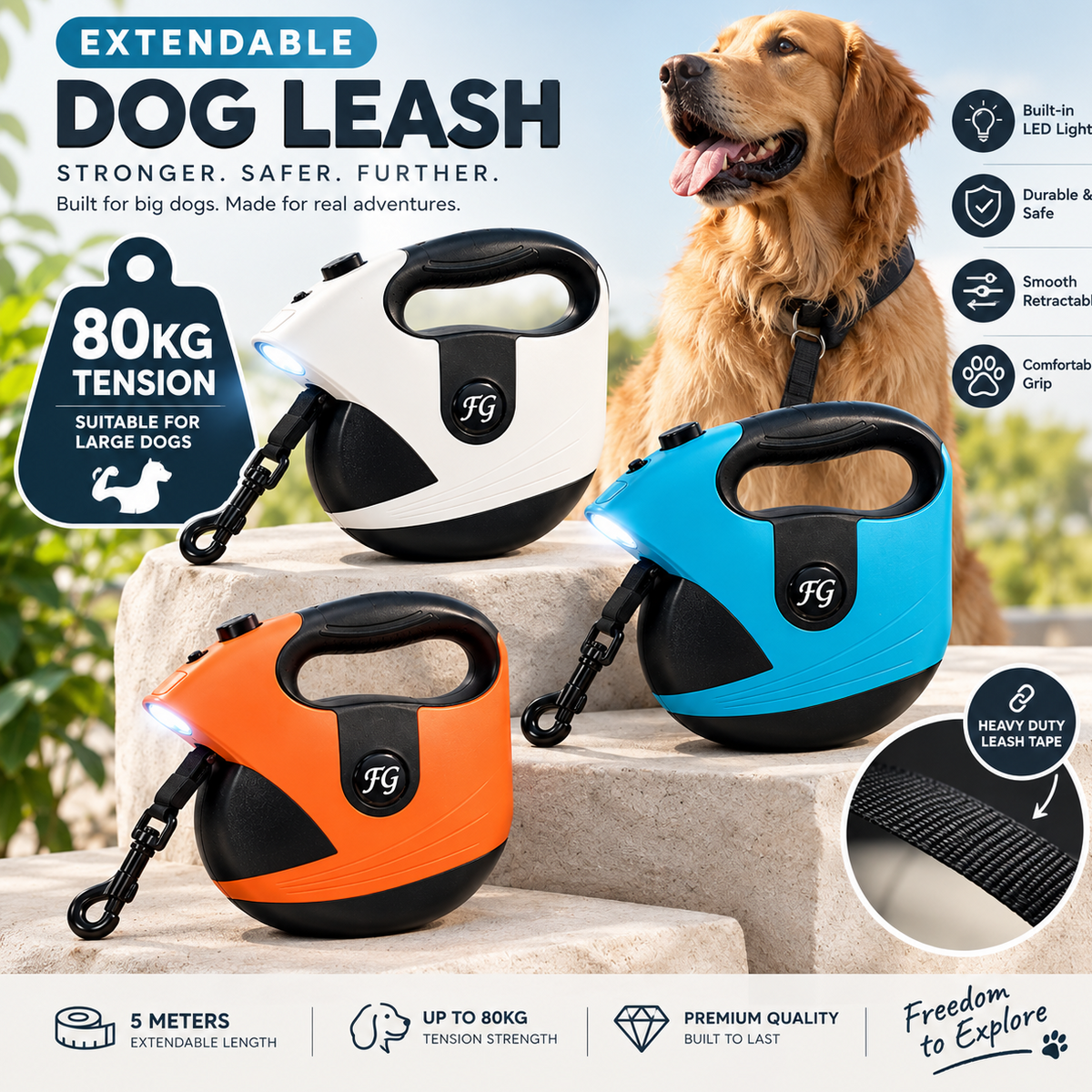Large dogs 5M Extandable leash-80kg tension with light🐶🔦