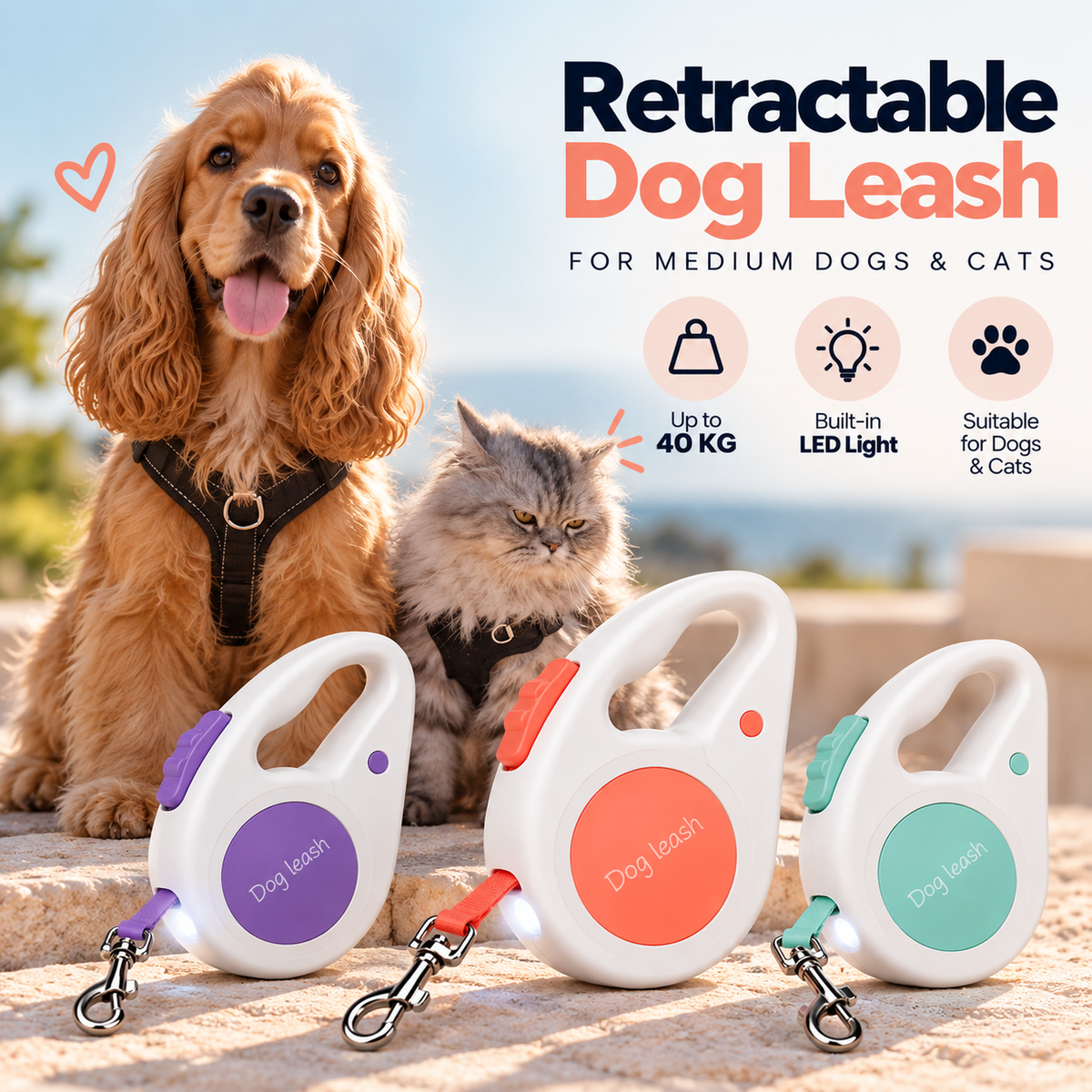 Medium dogs 5M Extandable leash-40kg tension with light🐶🔦